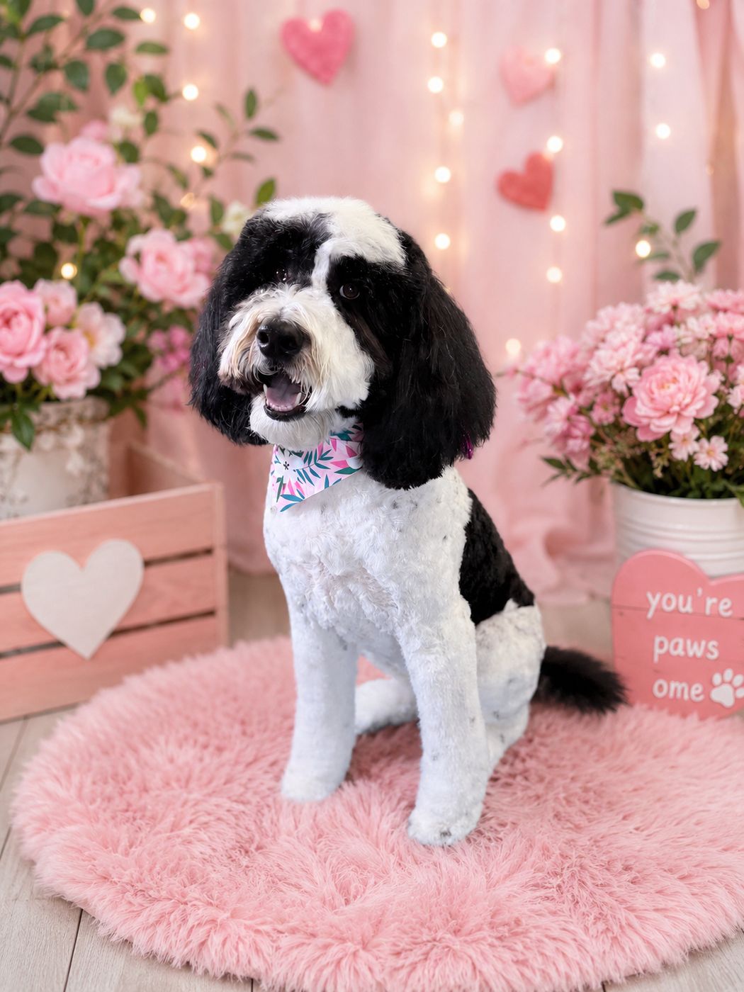 A freshly groomed black and white doodle sitting on a pink rug