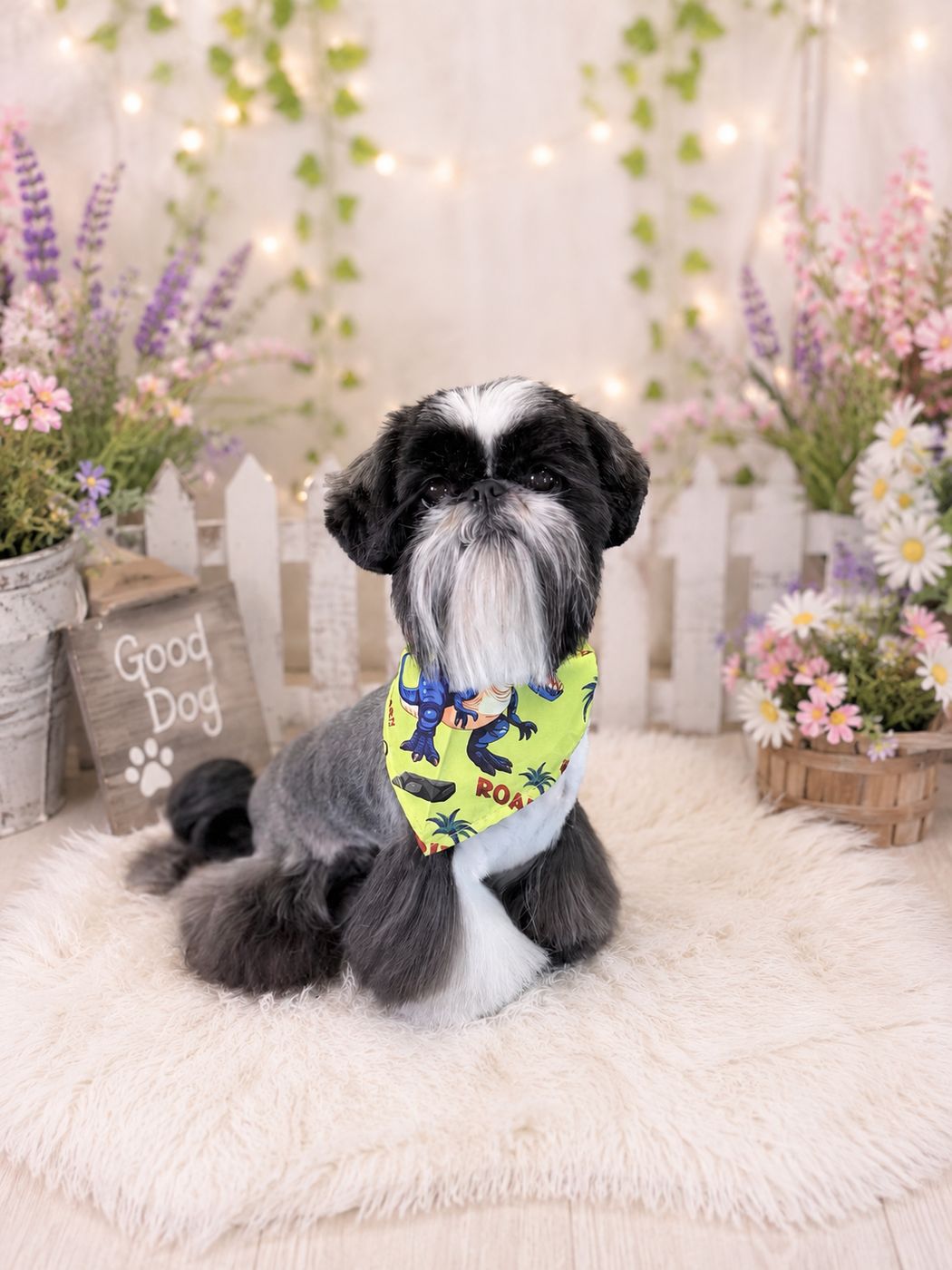 A groomed shih tzu posing with spring flowers